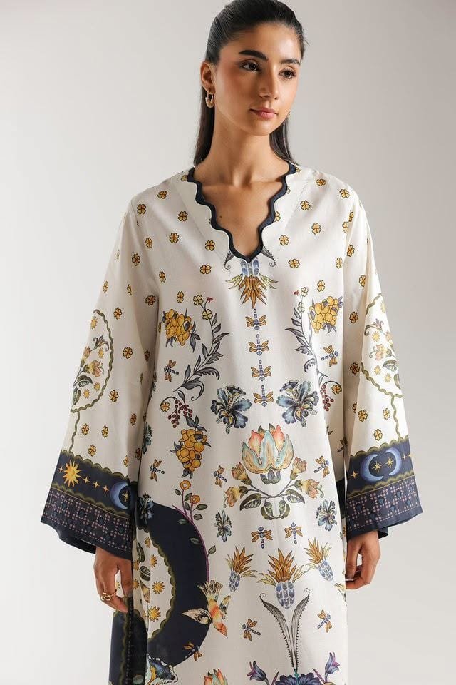 Sadaf — ivory printed cotton lawn with a scalloped navy neckline